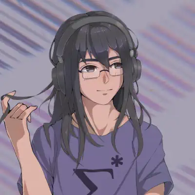 A manga-style drawing of airl with white skin, long black hair, dark eyes. She is looking to the side as if lost in thought, slightly smiling, and playing with a strand of her hair. She's wearing heaphones, glasses, and a purplish T-shirt with the block text 'Σ*' on it.