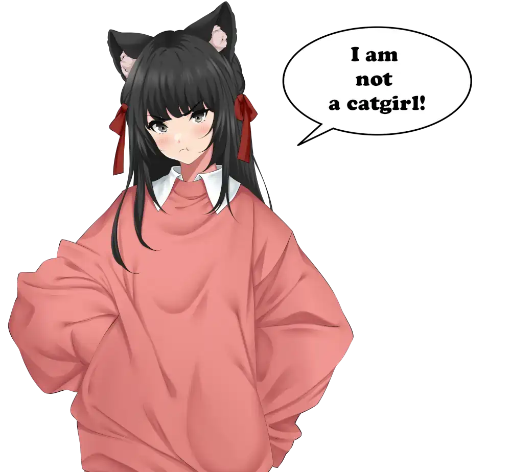 A manga-style drawing of a girl with cat ears. She has long black hair with red ribbons, and grey/green eyes. She is wearing a brown/orange sweater with a white shirt underneath - the shirt collar is poking out of the sweater at the neck. Her hands are on her hips, the head tilted slightlty with a pouting/annoyed expression. A speechbubble next to her says: 'I am not a catgirl!'